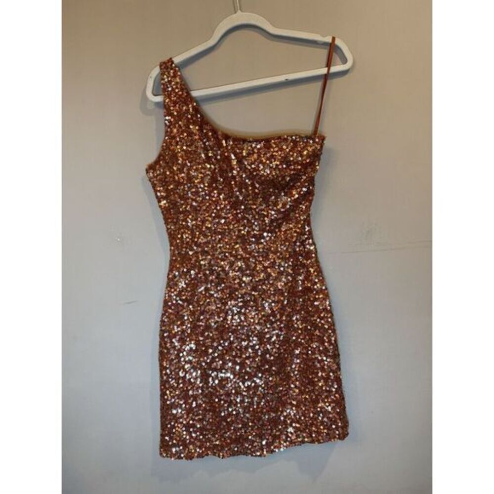Vintage Scala Orange Sequin‎ Mini Dress One Shoulder Size 6 100% Silk
